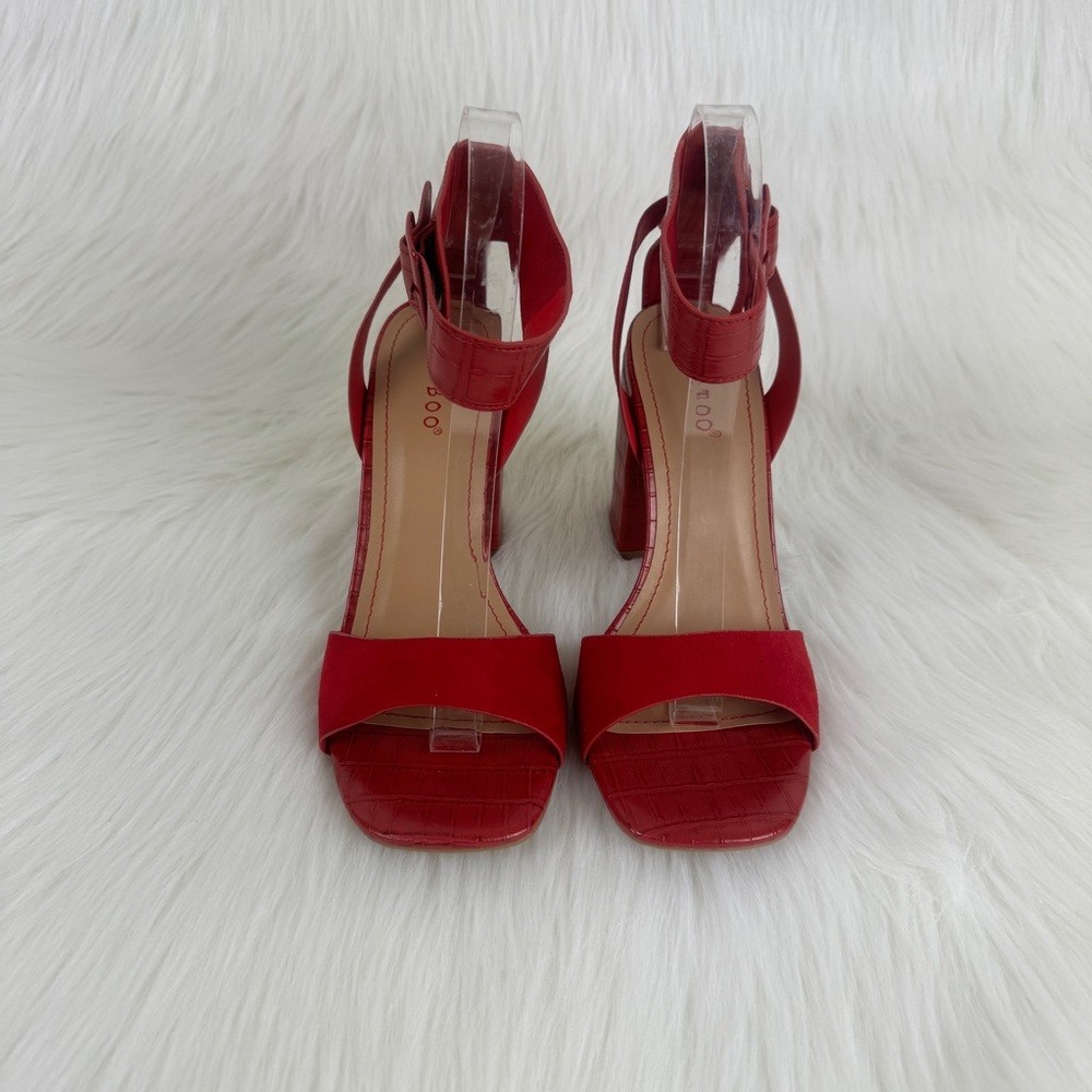 Women's Bamboo Red Milestone Croc Accent Ankle Strap Chunky Block Heel Sandals - Picture 8 of 11